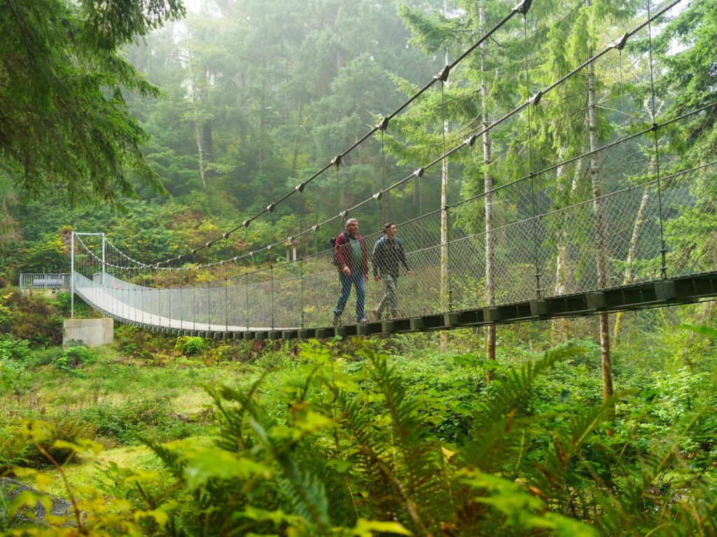 Two men traverse the suspension bridge over Amanda Creek
