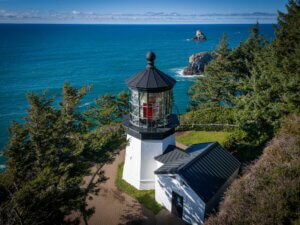 A view of the Cape Meares Lighthouse from an elevated position