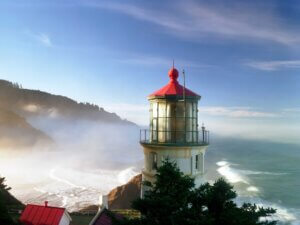 A view of the light room at the top of the Heceta Head Lighthouse