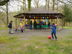 A picnic shelter decorated for a family celebration.