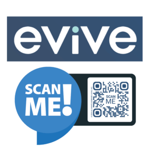 Evive logo - beneath is a QR code and a call out that says "Scan Me!"
